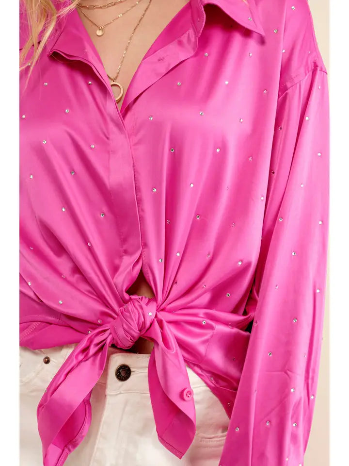 Satin Woven Rhinestone Studded Gem Sparkle Shirt