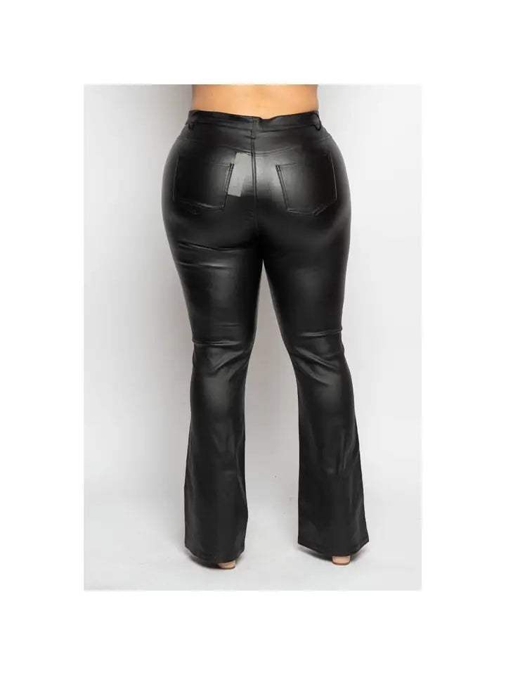 Plus Size Coated Pu Leather Button Flare Leg Pants