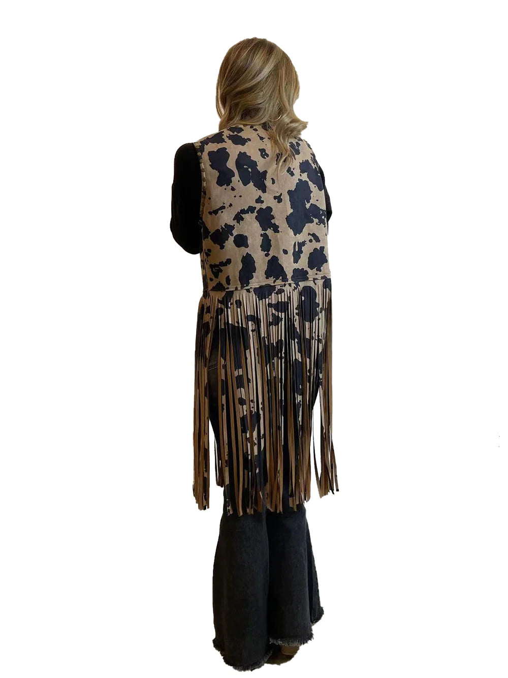 FASHION EXPRESS |COW PRINT FRINGE VEST