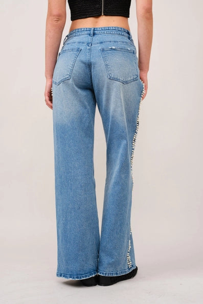 BLUE B |Pearl Embellished Cut Out Sides Jeans