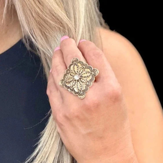 West & Co. Gold Dimond Concho Adjustable Ring R279GCLR