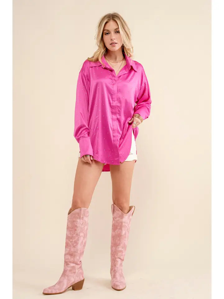 Satin Woven Rhinestone Studded Gem Sparkle Shirt