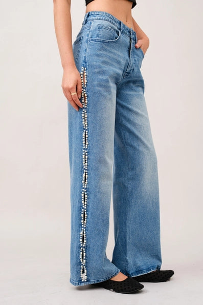 BLUE B |Pearl Embellished Cut Out Sides Jeans