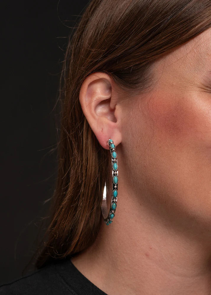 West & Co Burnished Silver and Turquoise Petitie Point Style Hoop Earring E894