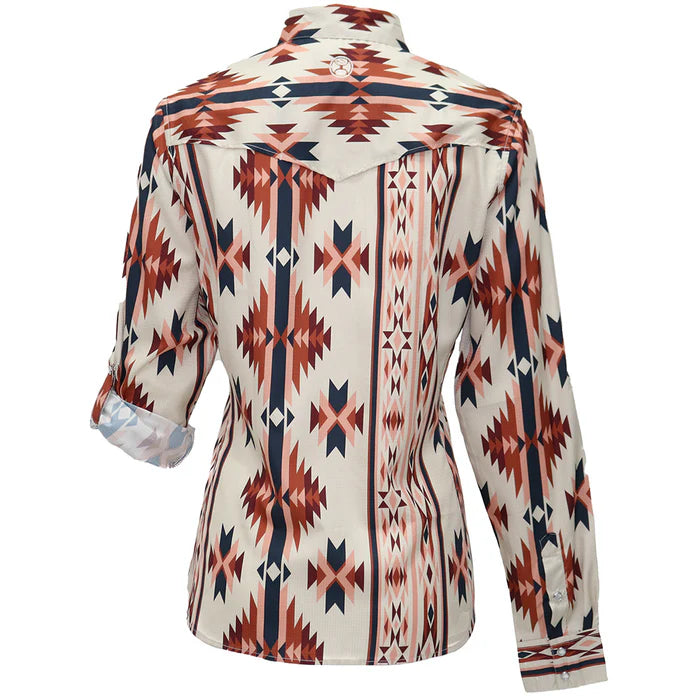 Hooey "Sol" Ladies White w/Blue & Pink Aztec Long Sleeve Pearl Snap Shirt 2XL