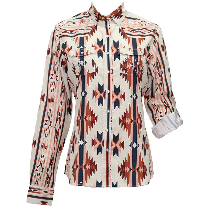 Hooey "Sol" Ladies White w/Blue & Pink Aztec Long Sleeve Pearl Snap Shirt 2XL