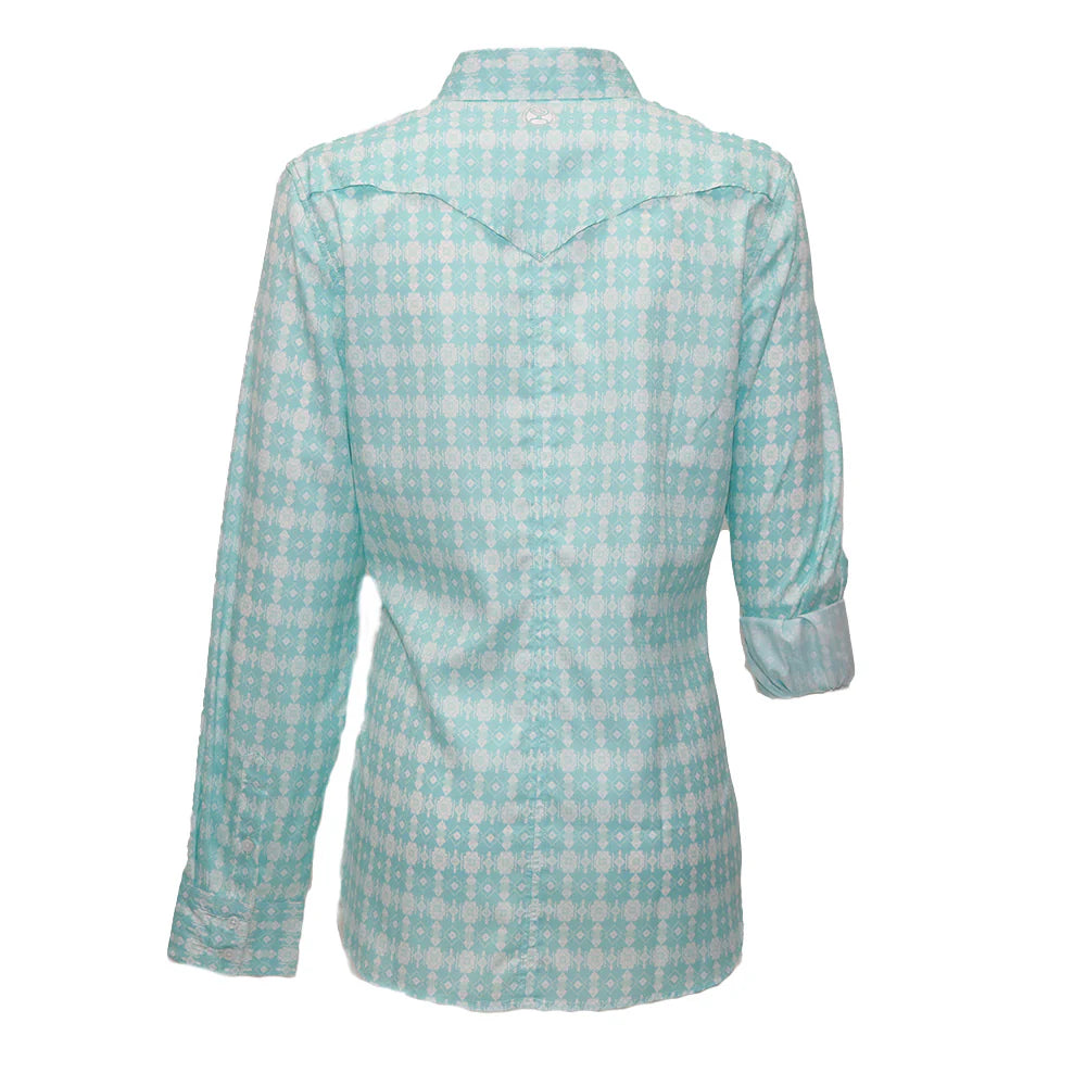 Hooey "Sol" Turquoise w/White Aztec Ladies Long Sleeve Pearl Snap Shirt