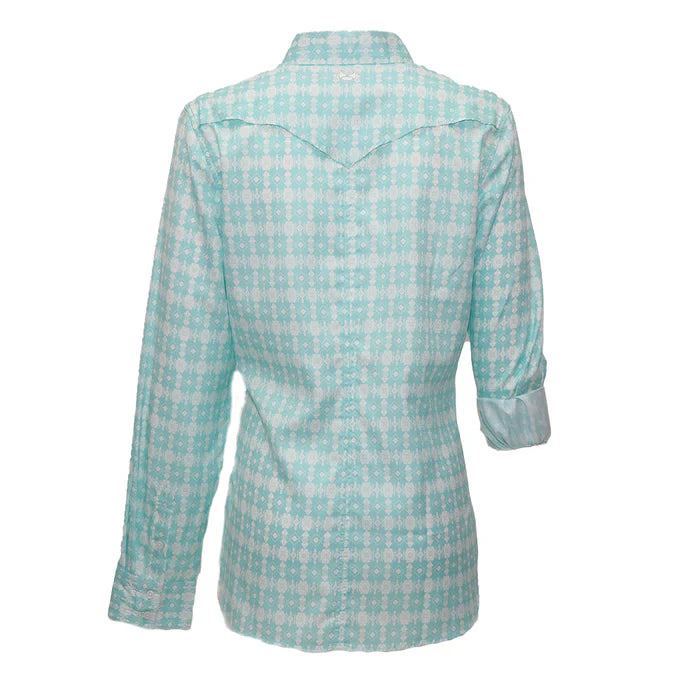 YOUTH "Sol" Girls Turquoise w/White Aztec Long Sleeve Pearl Snap Shirt