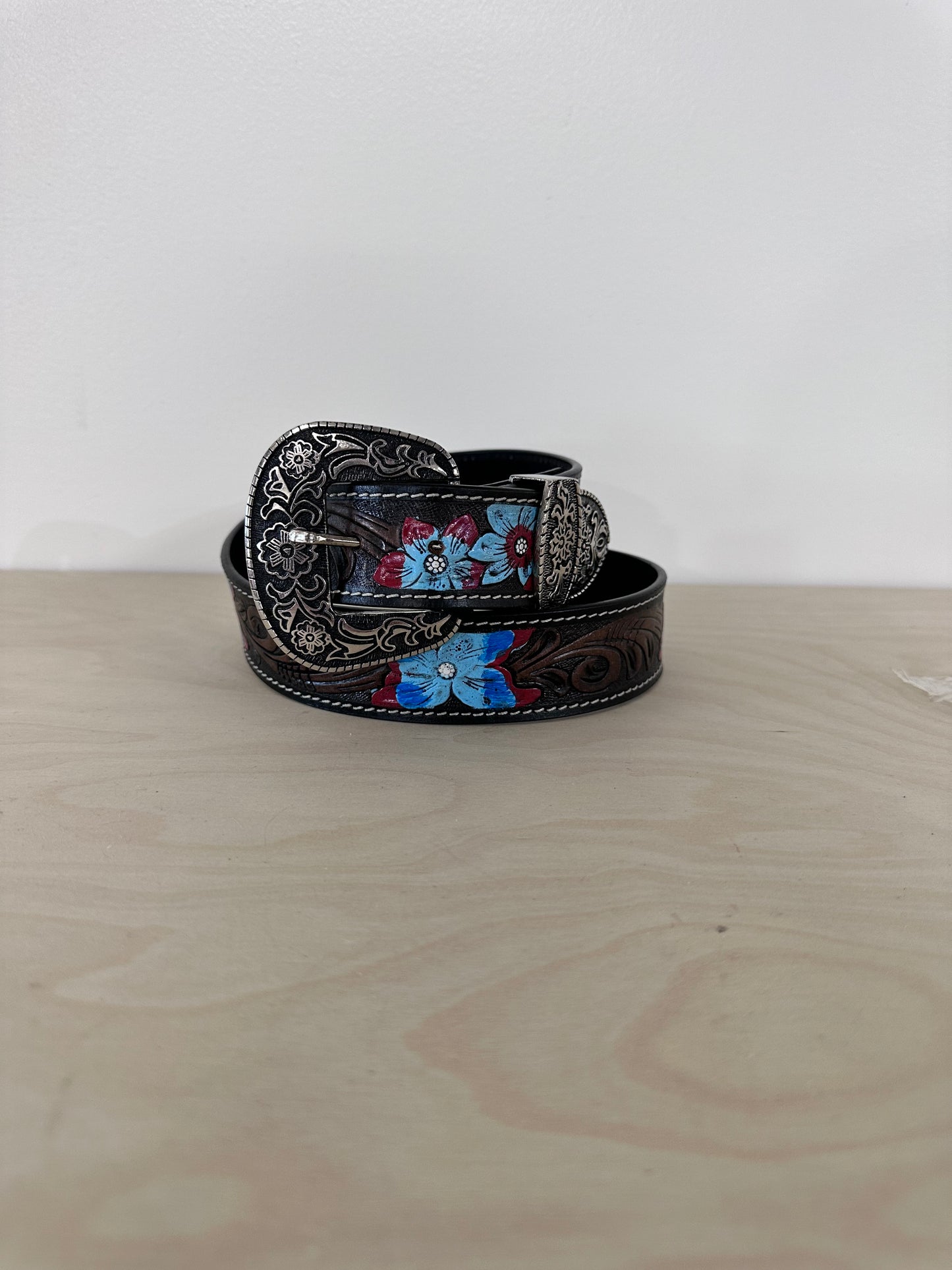 Ranger Belt Co| Floral Tooled Hand Painted Turq, Blue, Red