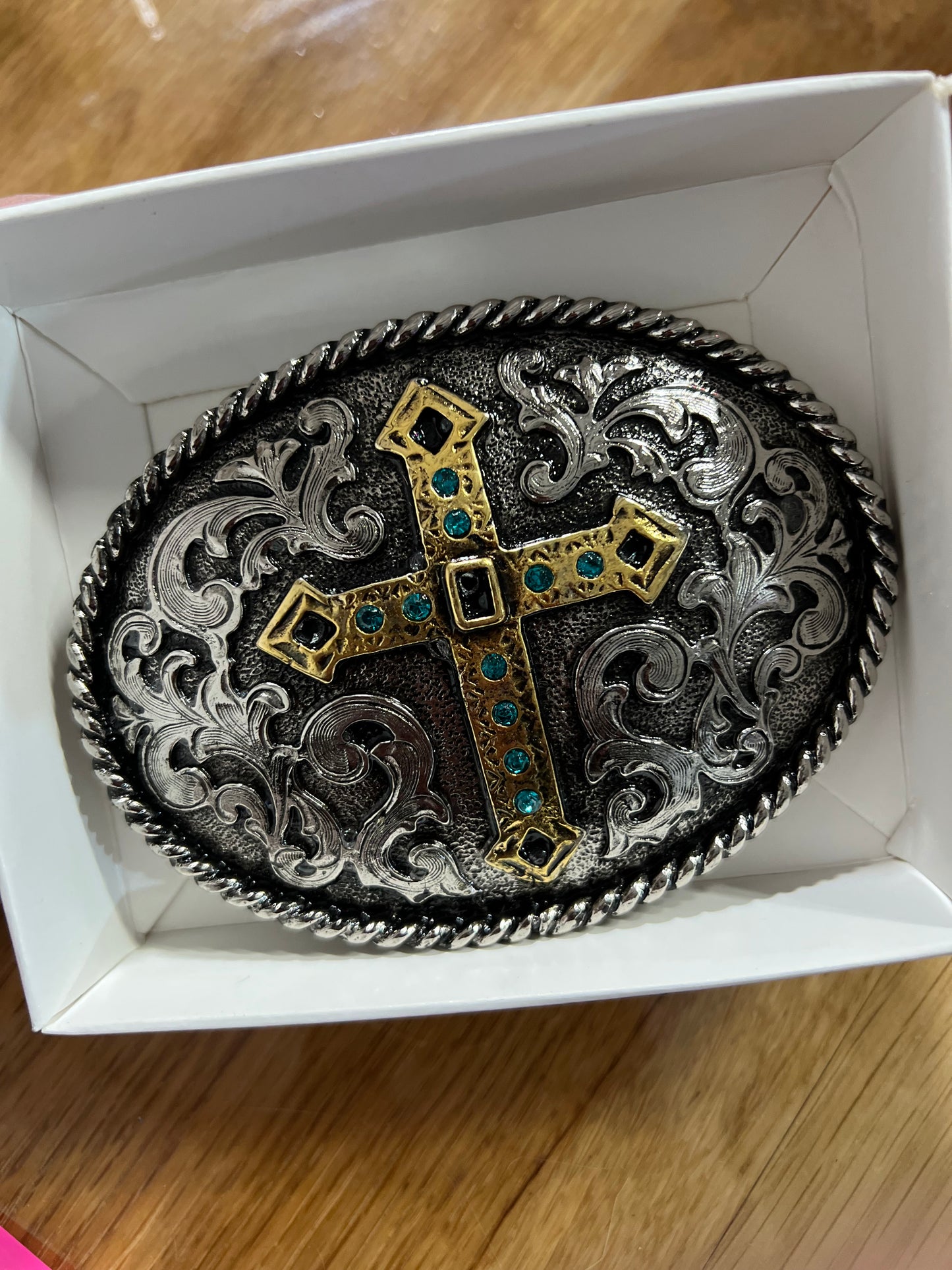 SILVER TEAL & GOLD CROSS BUCKLE