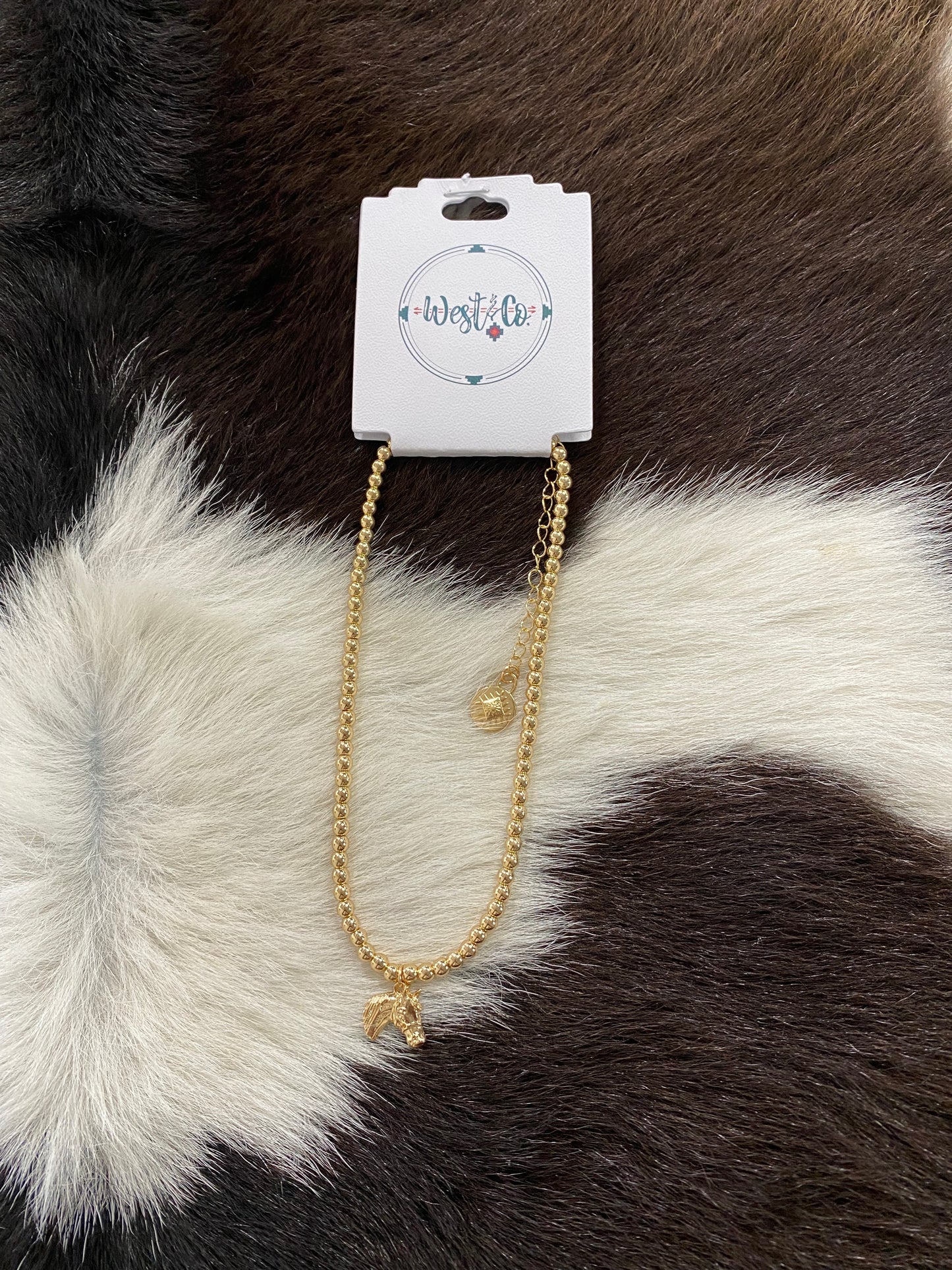 WEST N CO DAINTY GOLD BEADED NECKLACE WITH HORSE HEAD CHARM