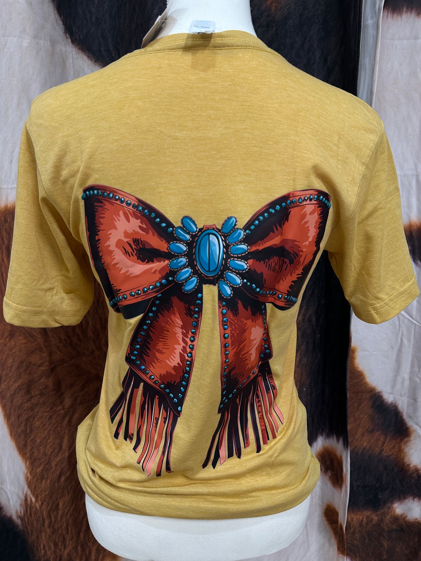LUCKY & BLESSED LIFE |MUSTARD COLOR CUSTOM T-SHIRT BROWN TURQOUISE BOW