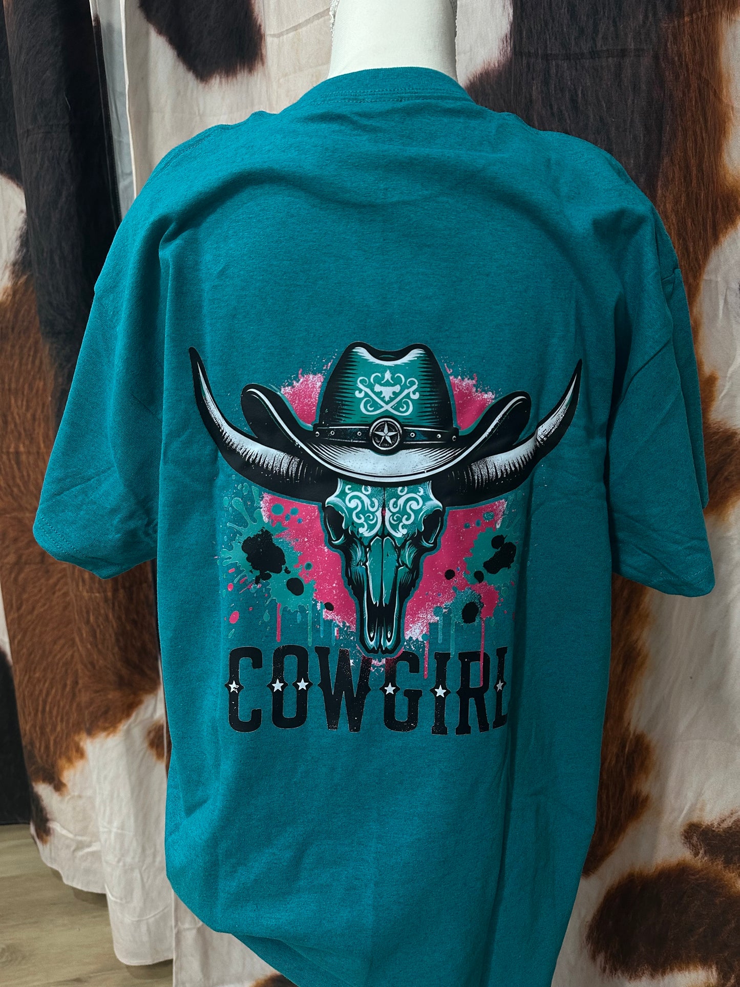 GILDAN| TEAL CUSTOM T-SHIRT SKULL/COWGIRL