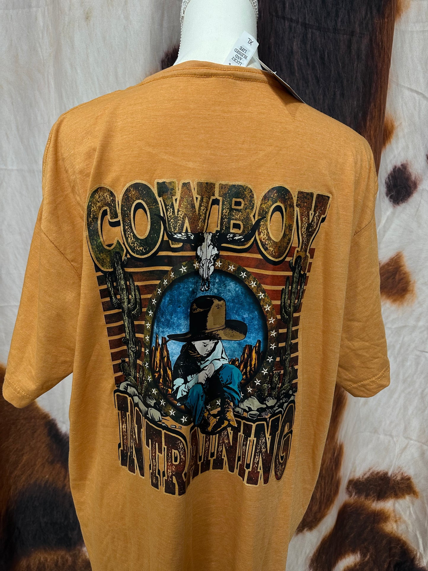 LUCKY AND BLESSED LIFE| ORANGE CUSTOM T-SHIRT COWBOY IN TRAINING