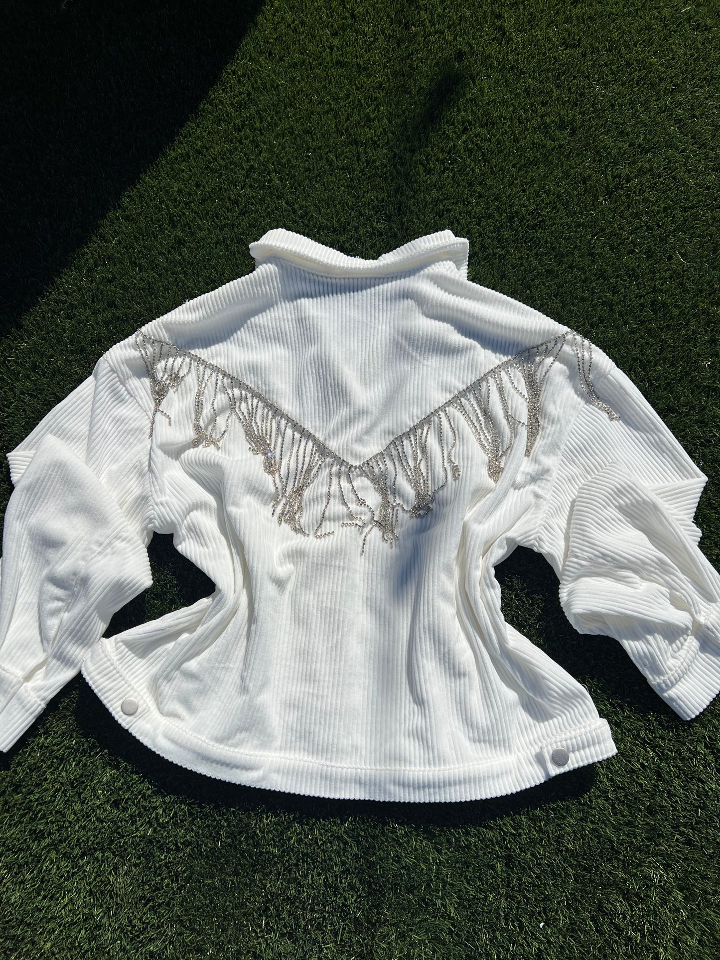 SAVANNA JANE|WHITE JACKET WITH RHINESTONE FRINGE|PLUS SIZE