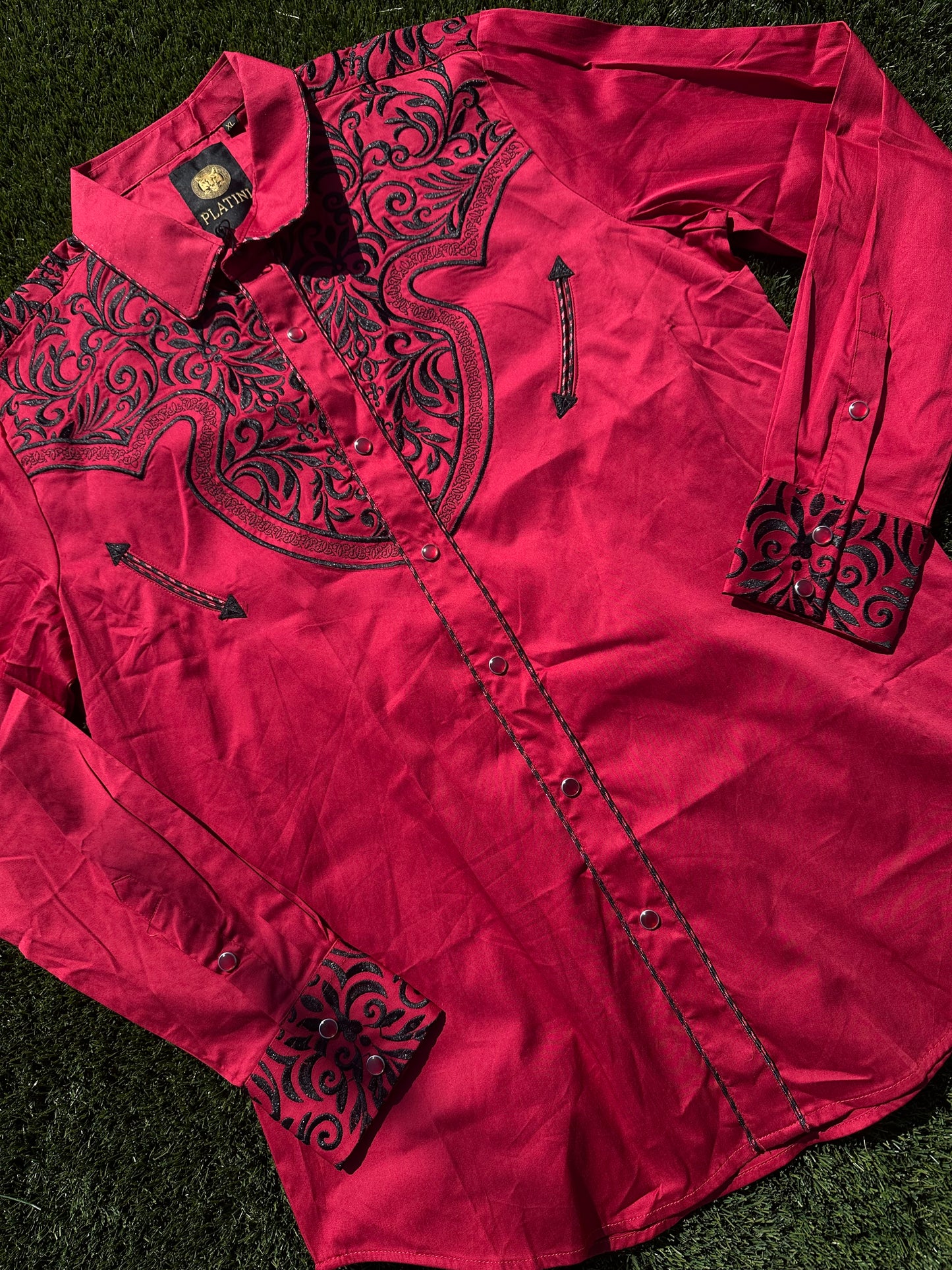 Men Embroidery Modern Fit Stretch Red Long Sleeve Shirt