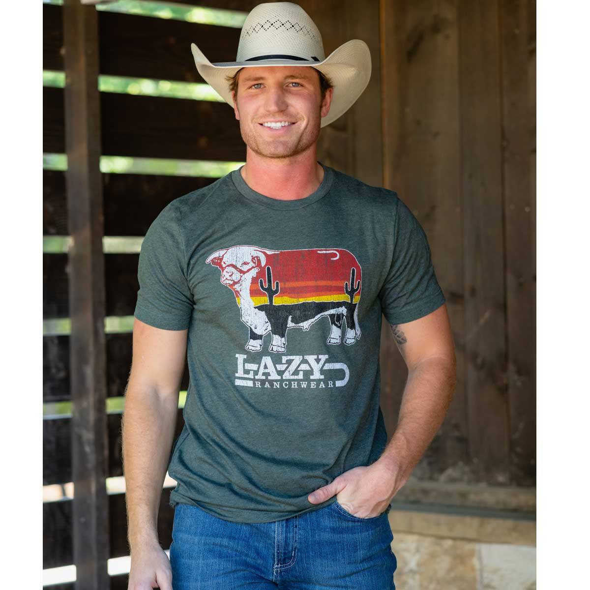 Lazy J Ranch Wear Sunrise Cactus Bull Short Sleeve T-Shirt – Heather Forest Green