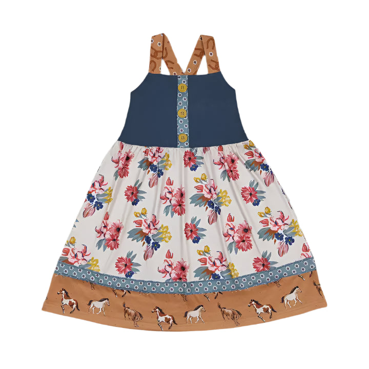 Baby Girls Western Horse Flowers Straps Knee Length Dresses
