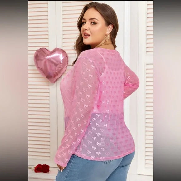 Plus Size Pink Bow Embroidered Mesh Long Sleeve Top