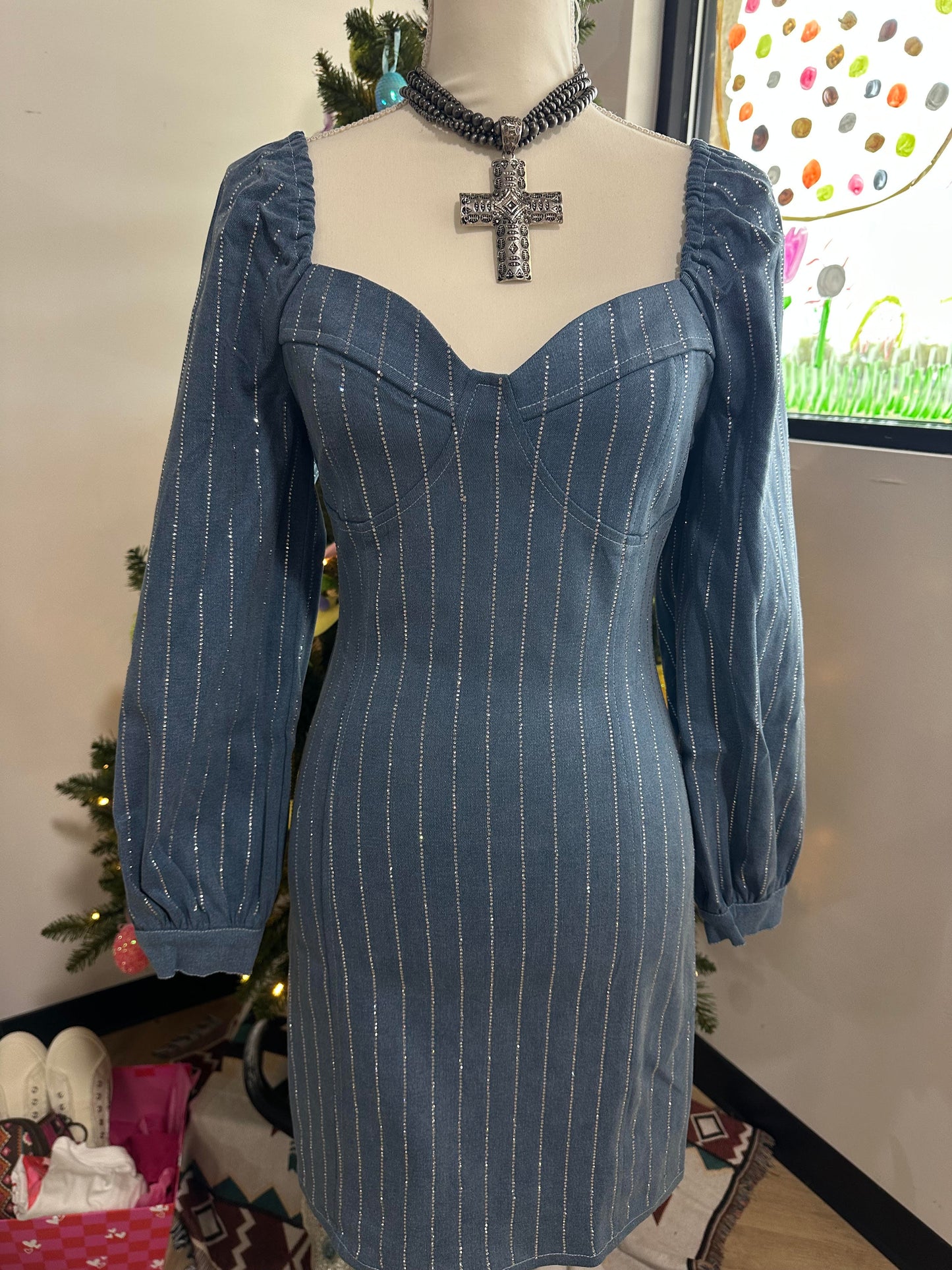 BLUE B| Rhinestone Striped Embellished Sweetheart Mini Dress