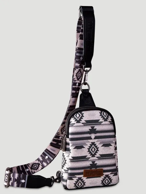 WRANGLER SOUTHWESTERN PRINT CANVAS SLING BAG IN BLACK/GREY