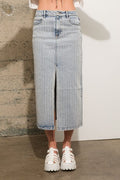 BLUE B | Garment Washed Rhinestone Studded Stripe Mid Rise Slit Skirt