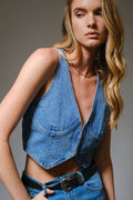 BLUE B| Plunge Neck Hook Closure Bustier Crop Denim Top