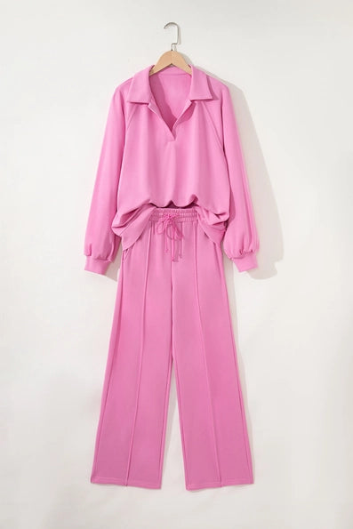 Polo Collar V Neck Pullover and Drawstring Sweatpants Set