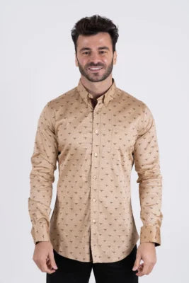 PLATINI Men's Cotton Beige Monogram Digital Print Dress Shirt