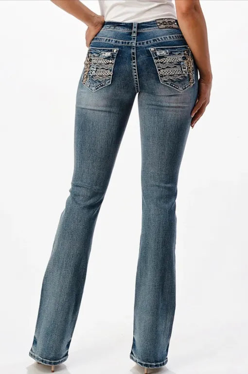 Grace in LA| Women’s Easy Fit Cheetah Cactus Pocket Boot Cut Jeans