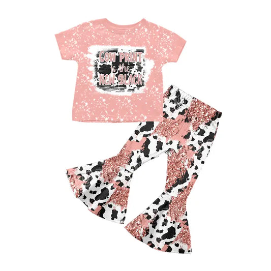 Baby Girls Cow Print Pink Western Bell Pants Clothes Sets