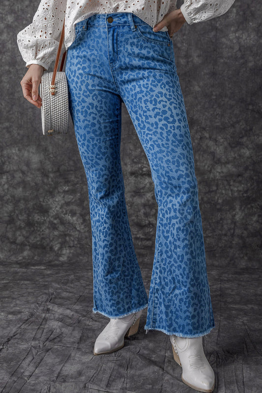 Leopard Print Raw Hem High Waist Flare Jeans