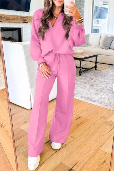 Polo Collar V Neck Pullover and Drawstring Sweatpants Set
