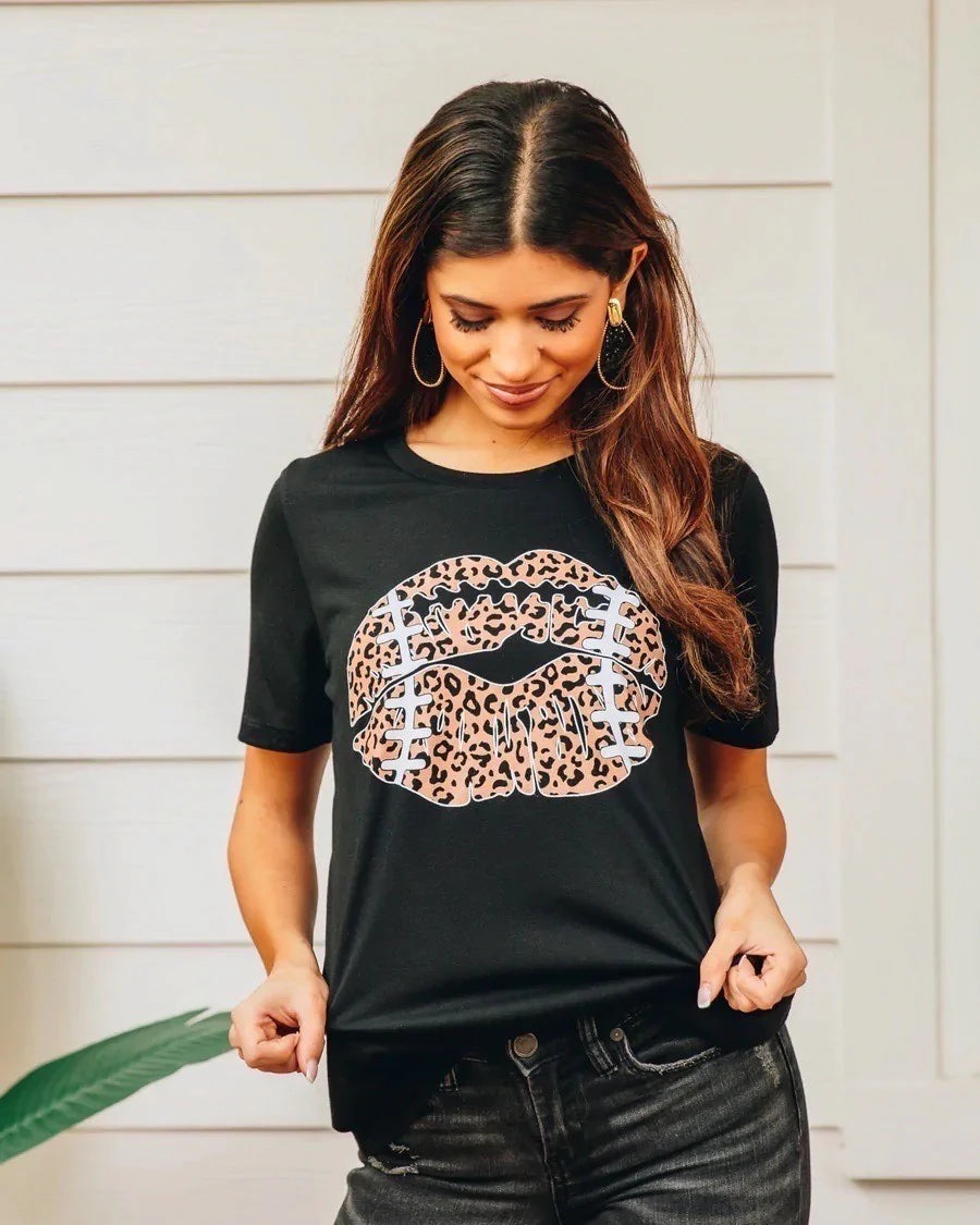 Daisy Rae| Football Leopard Lips on Black Crewneck Tee