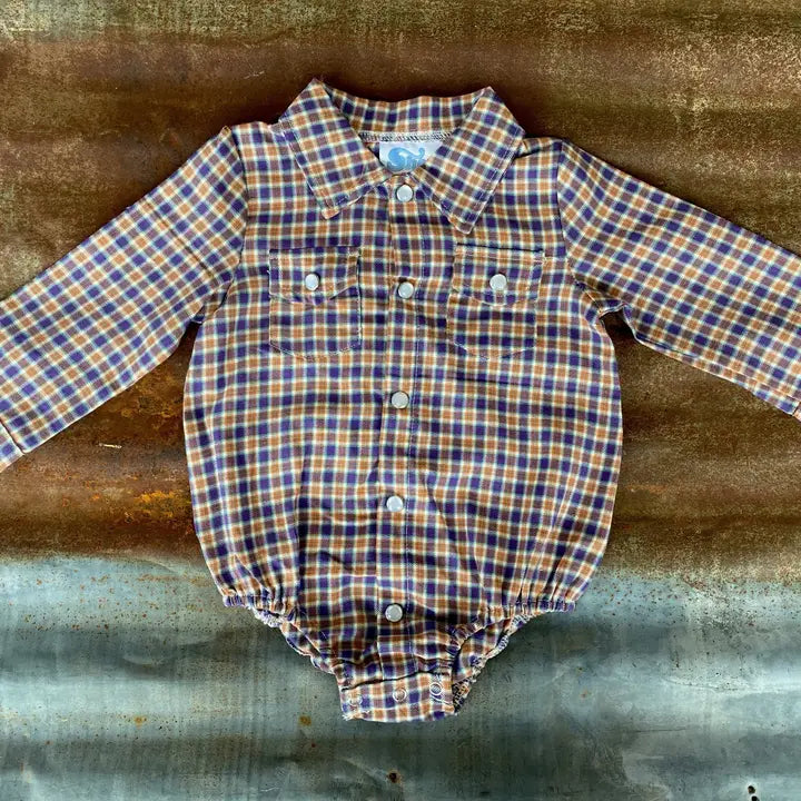 Plaid Long Sleeve Pearl Snap Onesie - BPL05