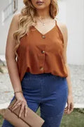 Brown Buttoned Front Spaghetti Straps Plus Size Tank Top