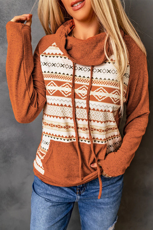 Orange Aztec Cowl Neck Sweatshirt