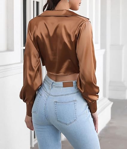 Twist Front Satin Lantern Long Sleeve Crop Top Blouse Shirt