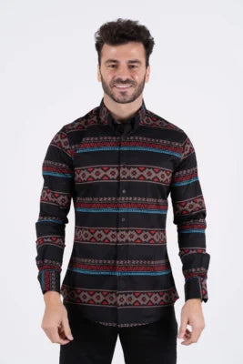 Platini Men's Cotton Black Aztec Digital Print Dress Shirt
