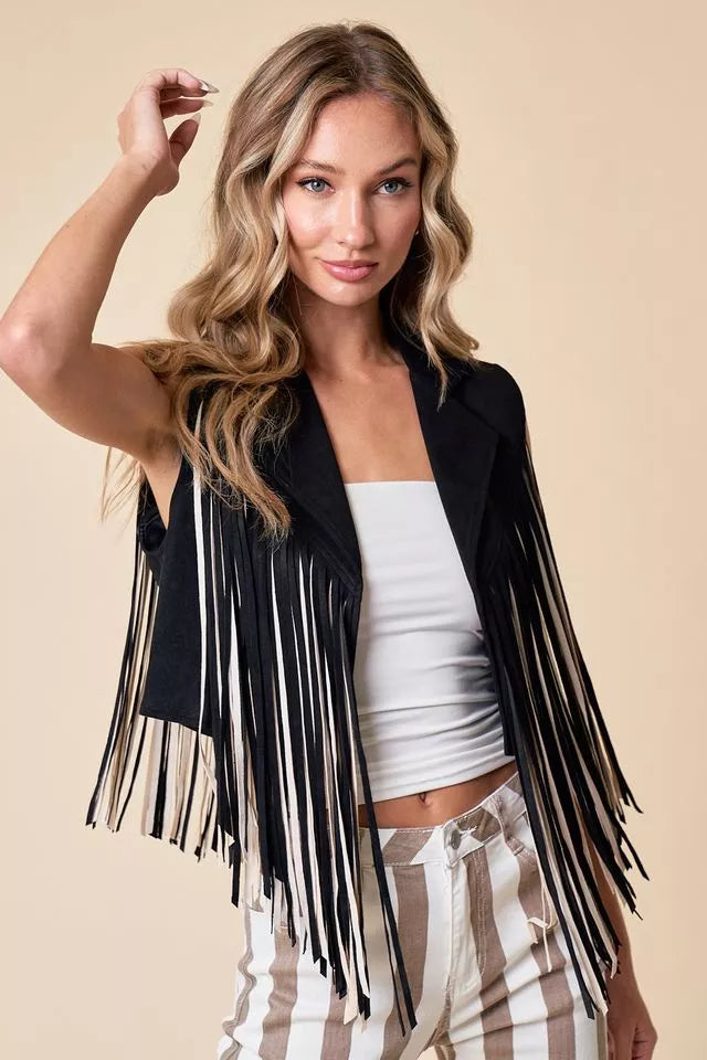 S&H BLACK OPEN FRONT CONTRAST FRINGE VEST