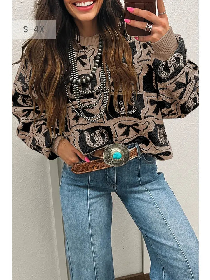 Bows Horseshoes Pattern Western Sweater