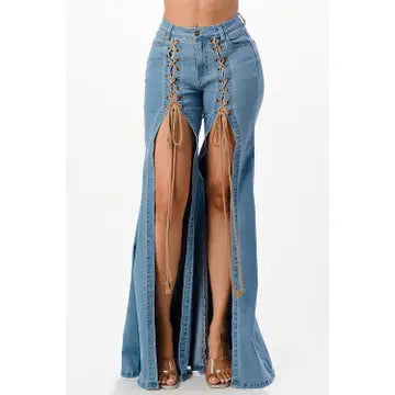 Blue Lace Up Open Flare Denim Jeans