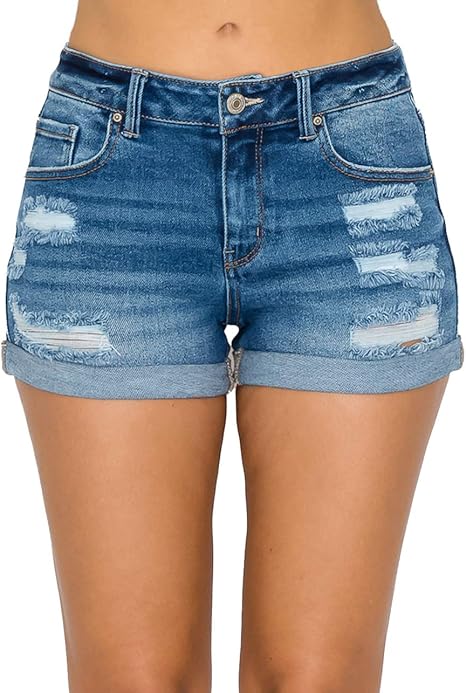 High Waisted Cuffed Distressed Denim Shorts