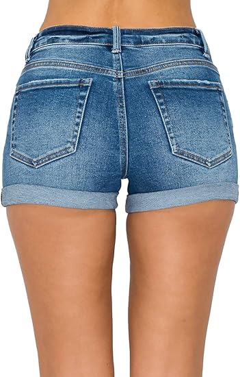 High Waisted Cuffed Distressed Denim Shorts
