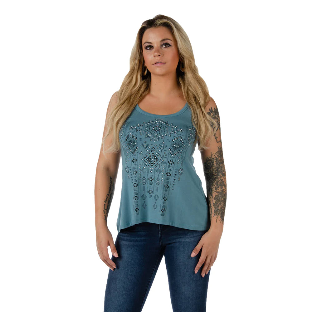 Liberty Wear Ladies Maeve Tribal Rhinestone Teal Tank Top 7523