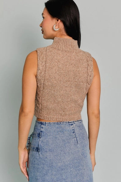 LELIS MOCHA MOCK NECK CUTOUT CROP SWEATER TOP