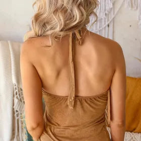 Brown Tasseled Halter Backless Tank Top