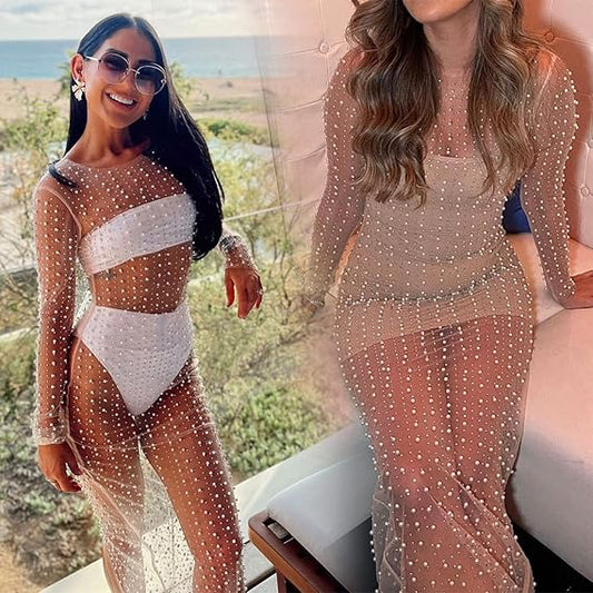 Pearl Mesh Rhinestone Cover Up See Through Mesh Maxi Dress