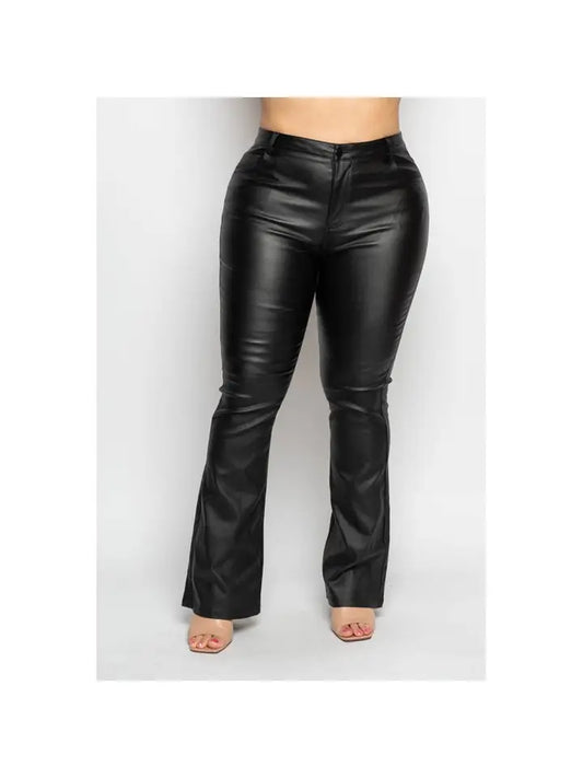 Plus Size Coated Pu Leather Button Flare Leg Pants