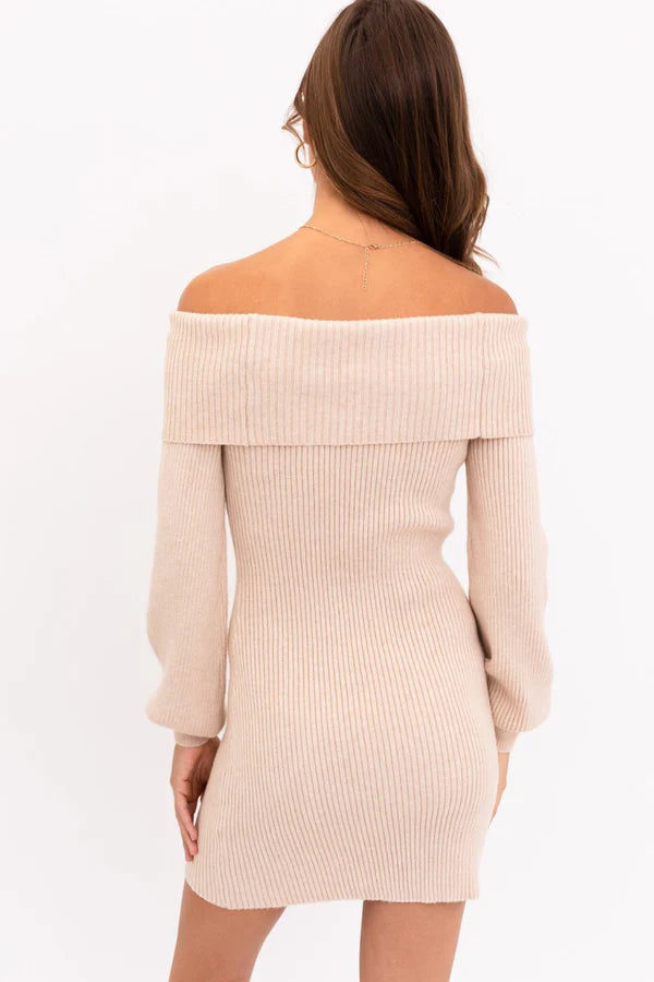 LELIS BALLOON SLEEVE OFF SHOULDER RIBBED DRESS